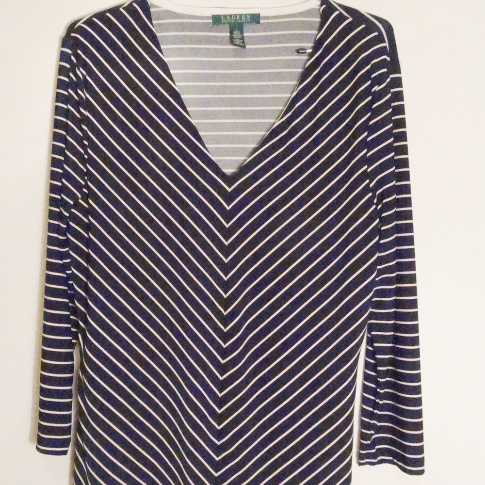 Ralph Lauren Strip V-Neck Womens Blouse Sz L